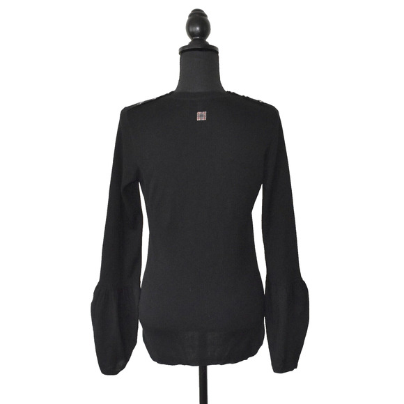 B2 Auth BURBERRY LONDON Black Wool Shoulder Button Detail Crew Neck Sweater Sz S - Picture 4 of 6